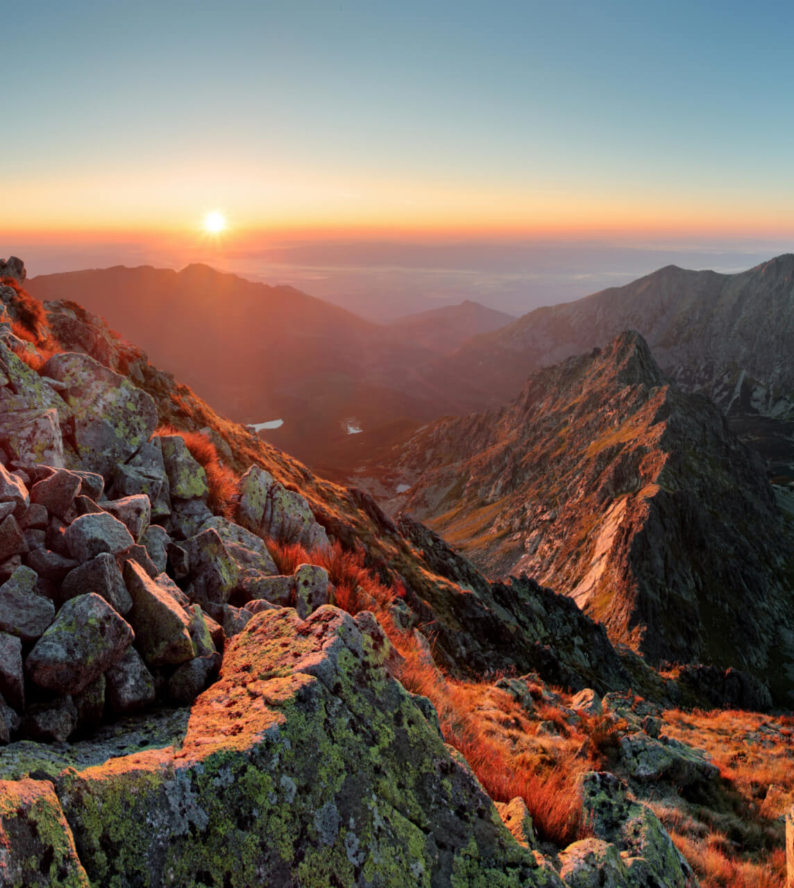 Mountain Ranges closeup view with evening sky