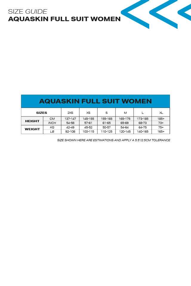 AQUASKIN FULL SUIT V3 - WOMEN'S OPEN WATER WETSUIT - Size guide