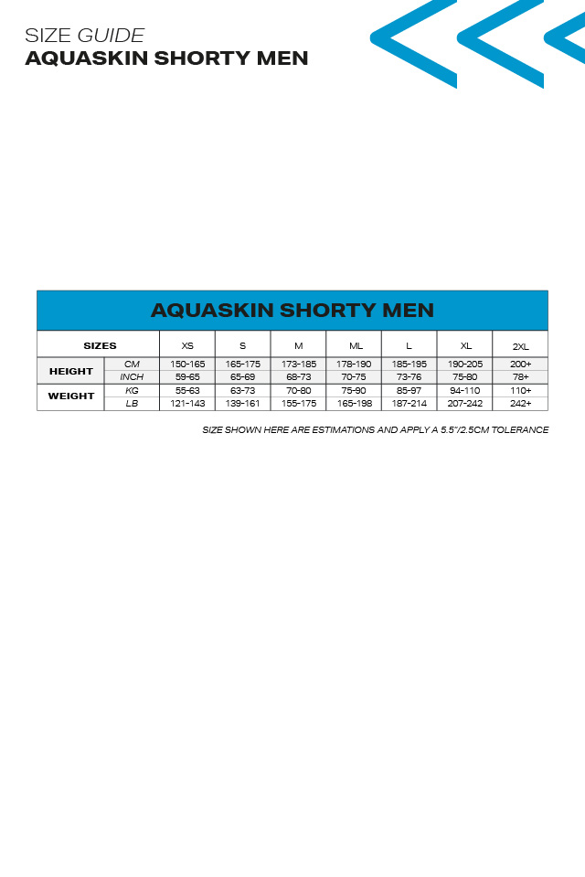 AQUASKIN SHORTY V3 - MEN'S OPEN WATER WETSUIT - Size guide