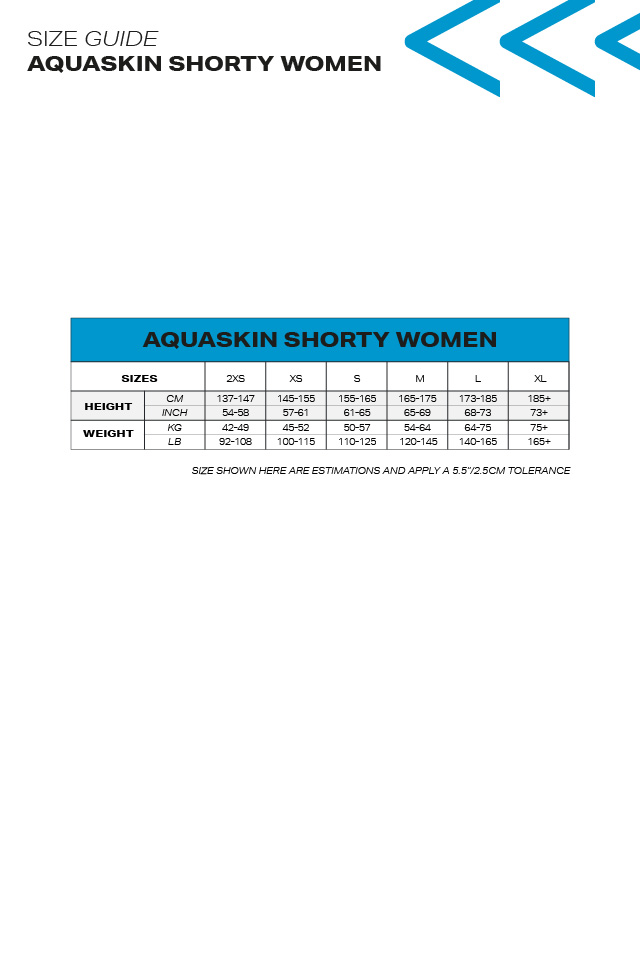AQUASKIN SHORTY V3 - WOMEN'S OPEN WATER WETSUIT - Size guide