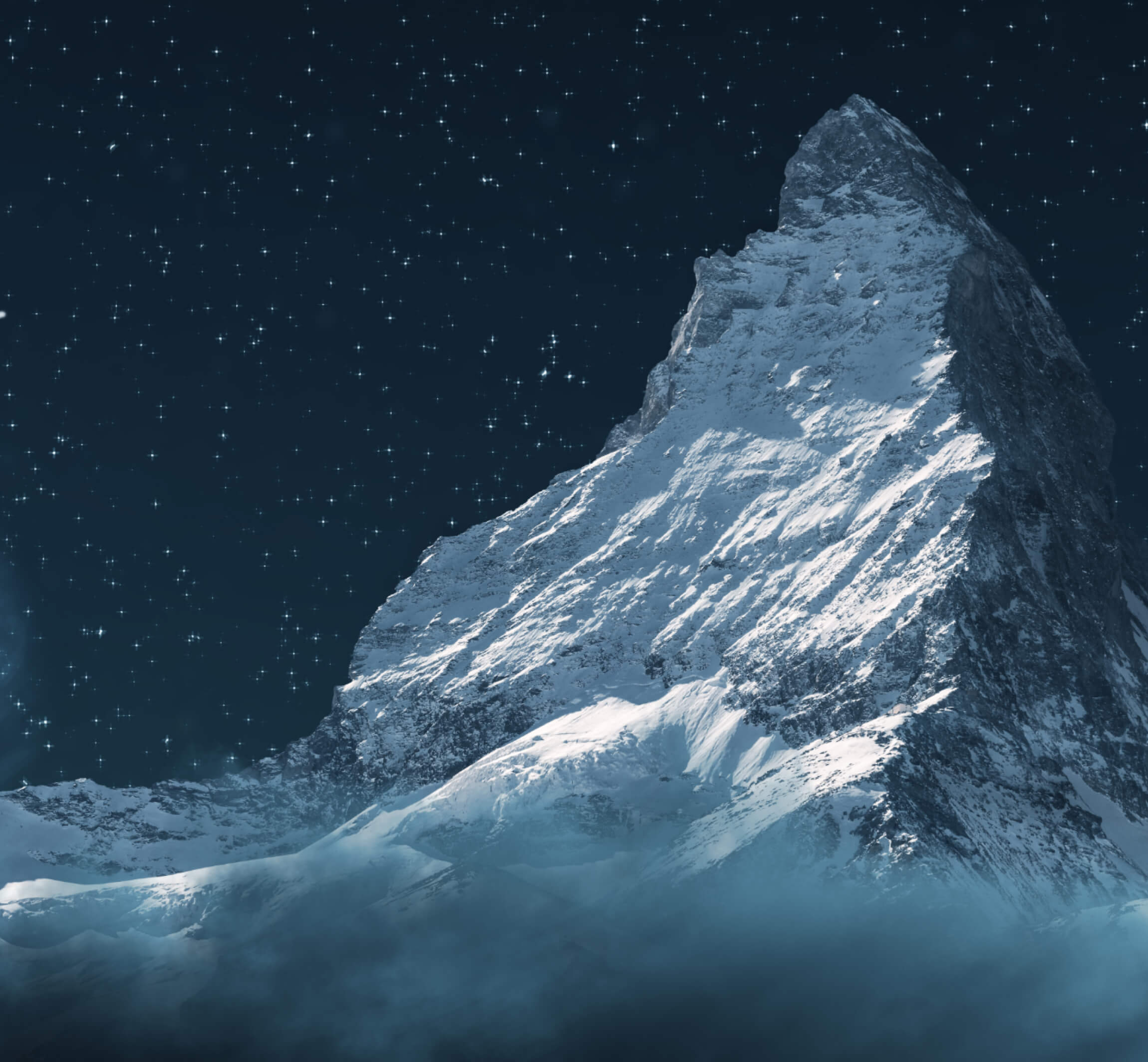 Mountain covered in snow with a background of stars in the sky